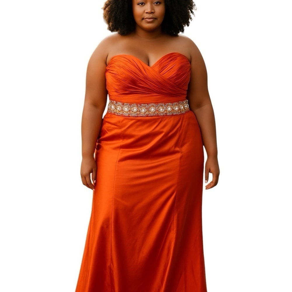 Mac Duggal Strapless Orange Evening Gown with Jeweled Waist